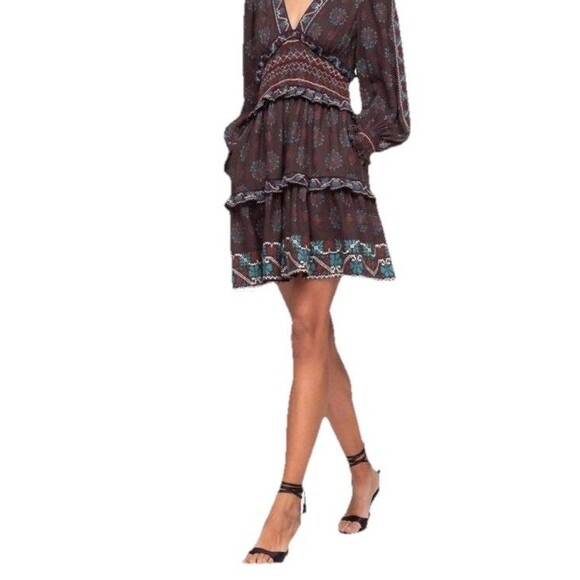NWT SEA NY Ellabeth Size 8 Boho V-Neck Brown Cotton Blend Long Sleeve Dress  New - Picture 8 of 16